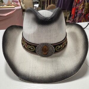 LLK Woven Grass Cowboy Hat White Black Ombre Embroidered Band Faux Amber Stone